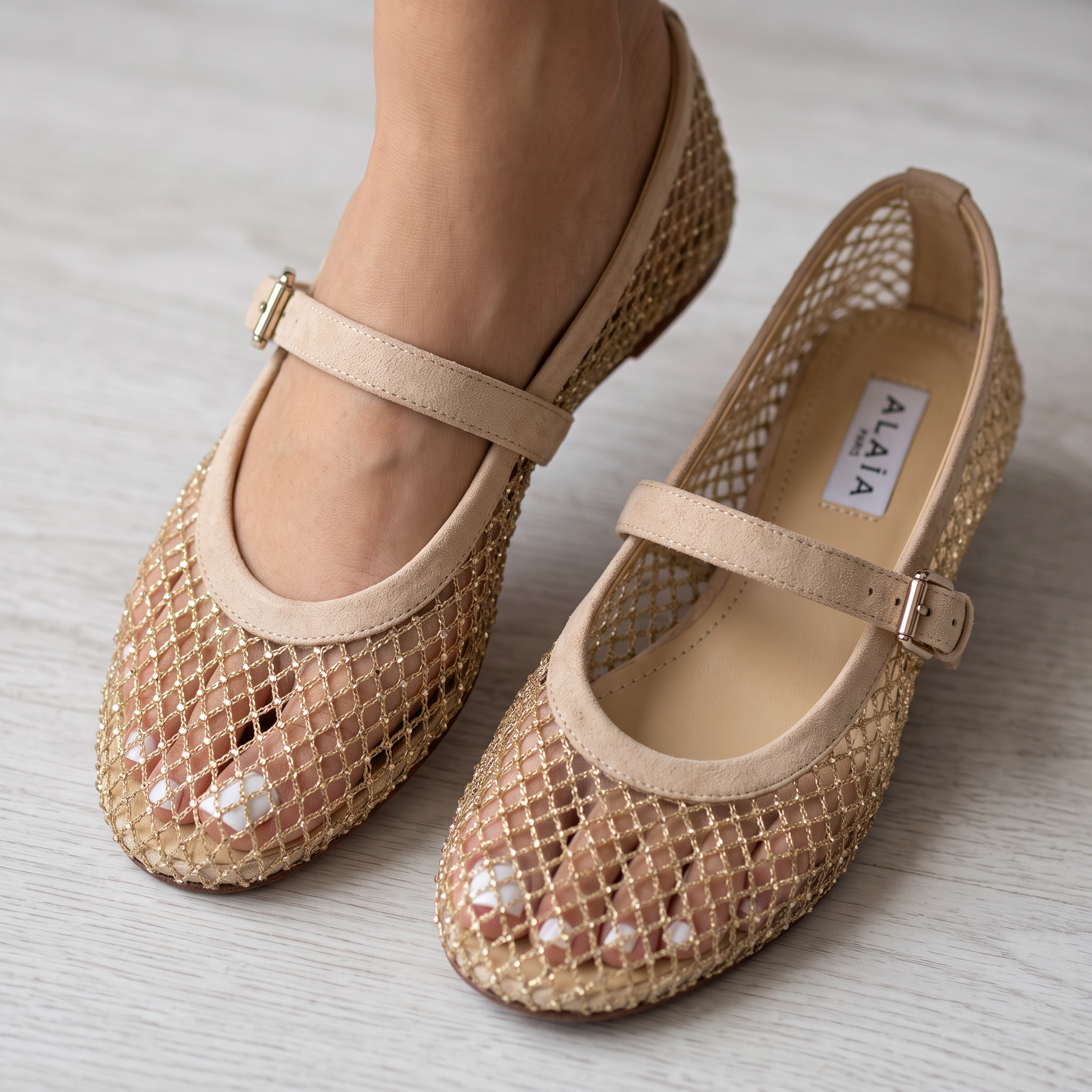 ✨ Alaïa Mesh Mary Jane Ballet Flats – Gold Beige