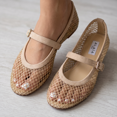 ✨ Alaïa Mesh Mary Jane Ballet Flats – Gold Beige
