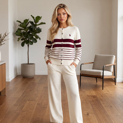 Ralph Lauren cream cardigan with burgundy stripes and embroidered pony logo