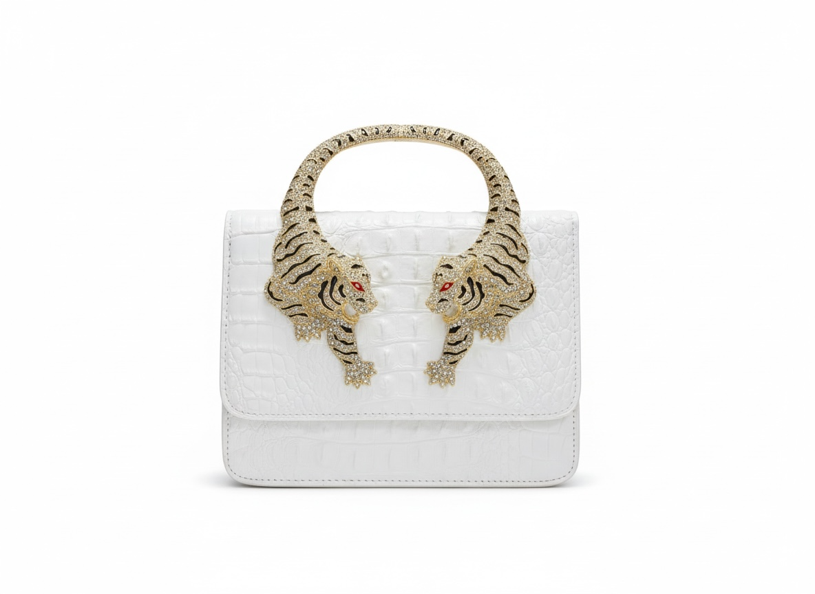 ROBERTO CAVALLI Tiger Handle  Bag – White Gold 🐅✨ | Statement Luxury Piece