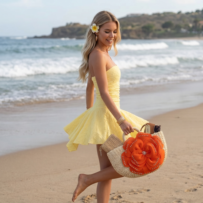 🧡 Orange Floral Straw Beach Bag | Luxury Summer Statement Handbag ✨