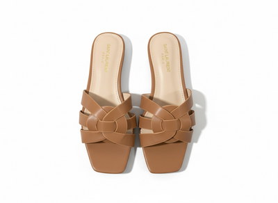 SAINT LAURENT Interlaced Leather Slides – Tan 🤎✨ | Everyday Luxury Essential