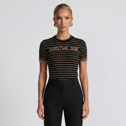 ✨ Christian Dior Metallic Stripe Knit Top – Black & Gold