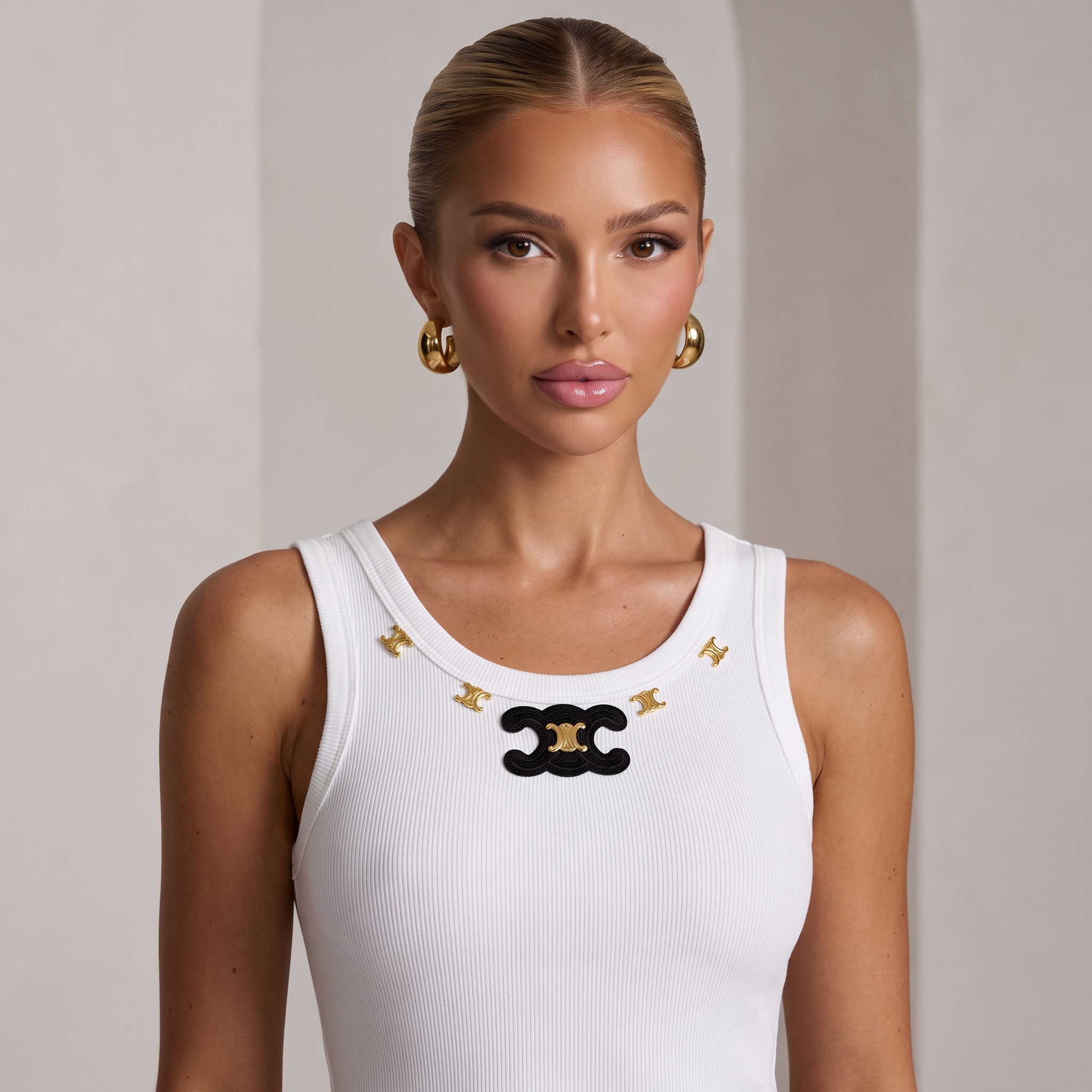 Celine Embellished Ribbed Tank Top – White
