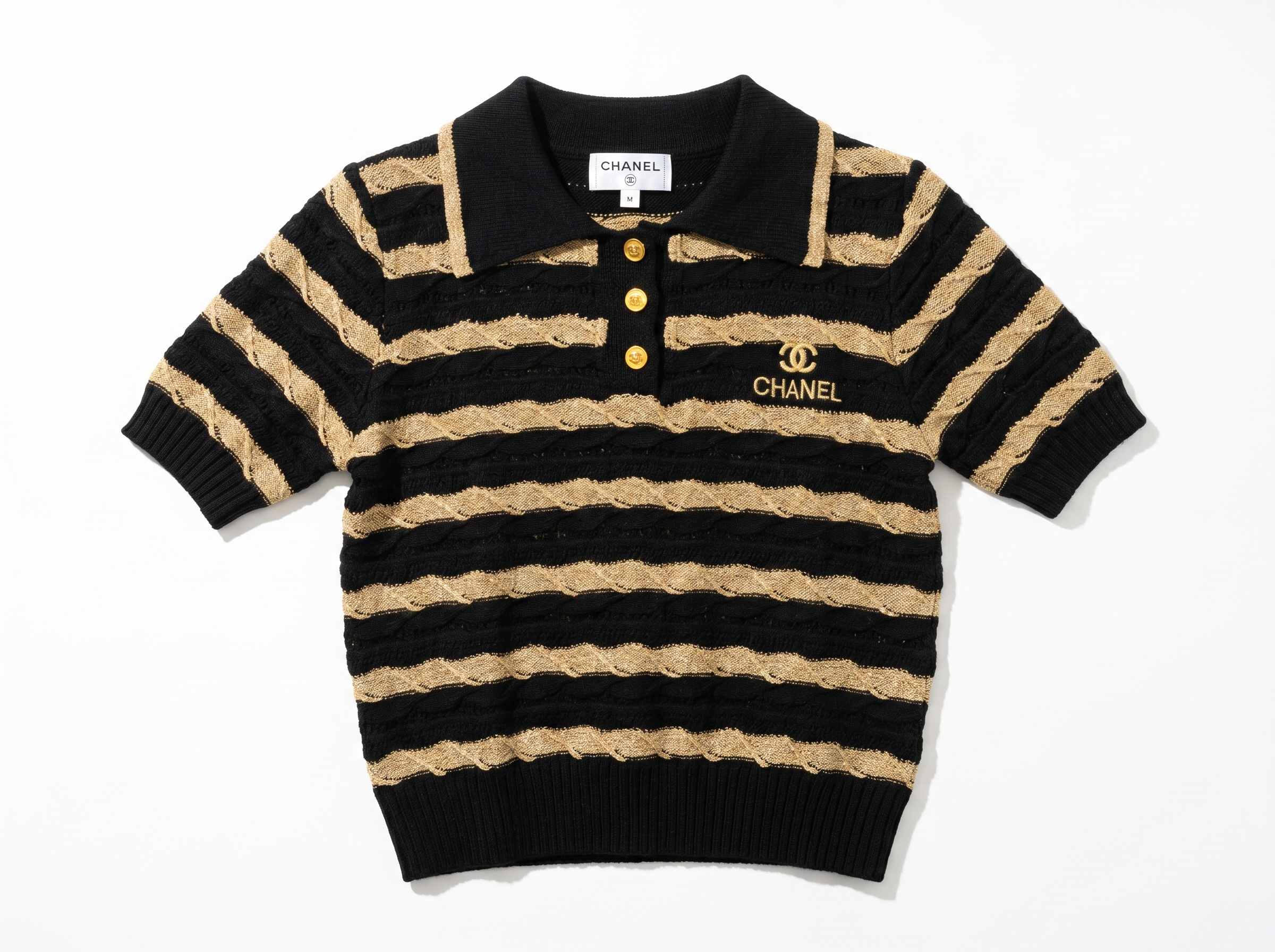 ✨ Chanel Black & Gold Striped Knit Polo Top