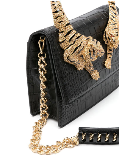 👜 Roberto Cavalli Black Snake-Effect Top Handle Bag with Tiger Head Handle