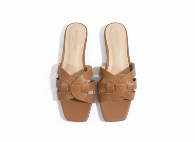 SAINT LAURENT Interlaced Leather Slides – Tan 🤎✨ | Everyday Luxury Essential
