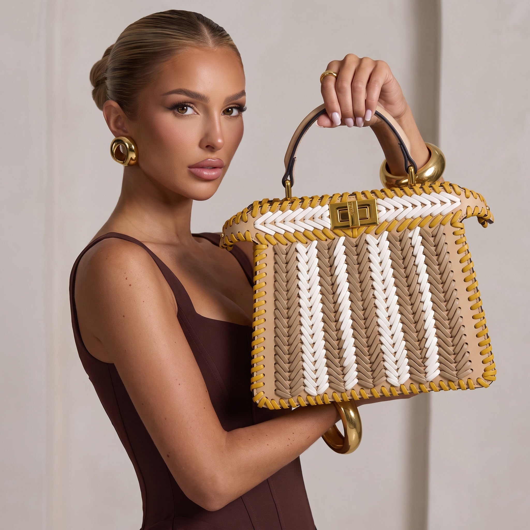Beige white and yellow woven Fendi top-handle bag with gold turn-lock