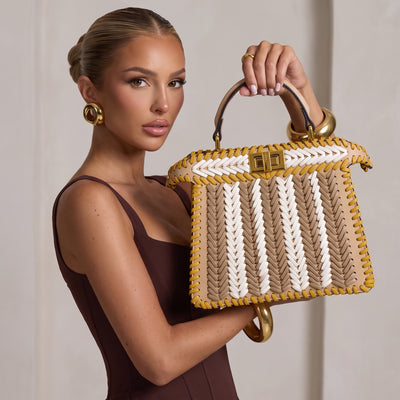 Beige white and yellow woven Fendi top-handle bag with gold turn-lock