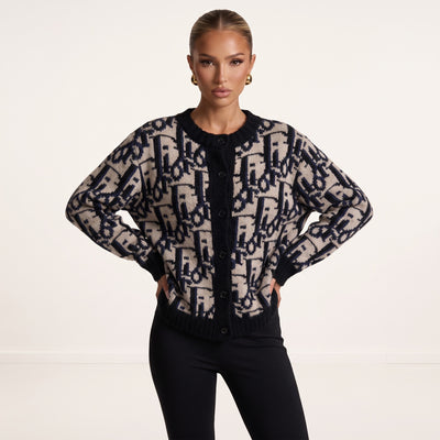 Christian Dior beige and navy monogram button cardigan with ribbed trims