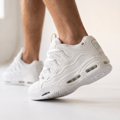 All‑white Osiris D3 chunky sneakers with layered upper and visible sole windows