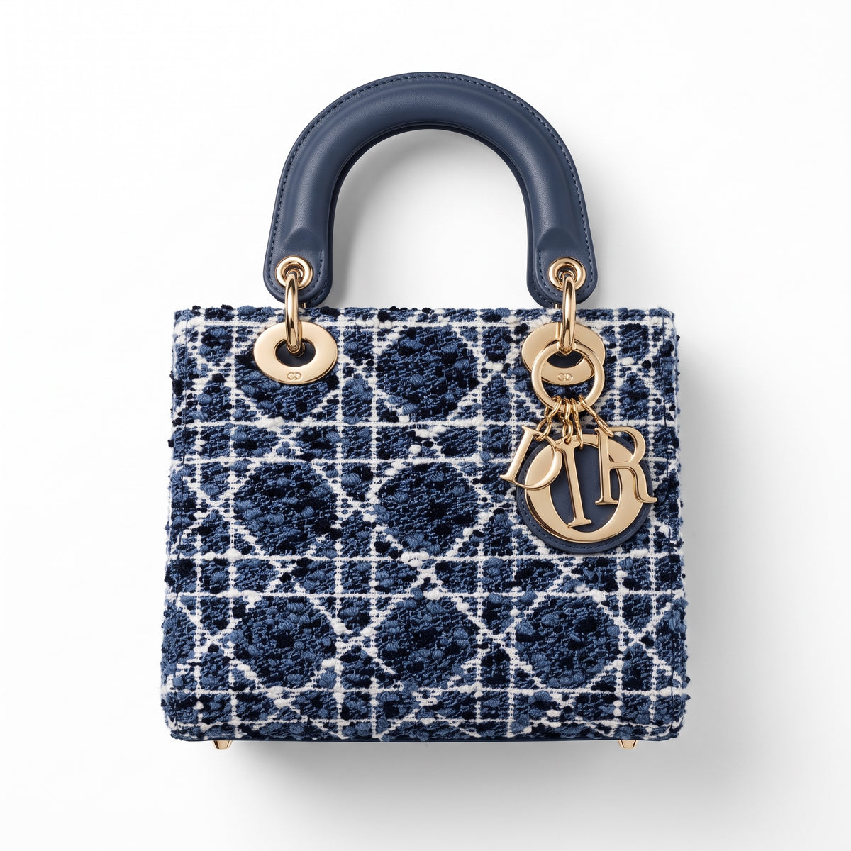Dior Lady D-Lite small blue tweed tote with rounded leather handles and gold Dior charms