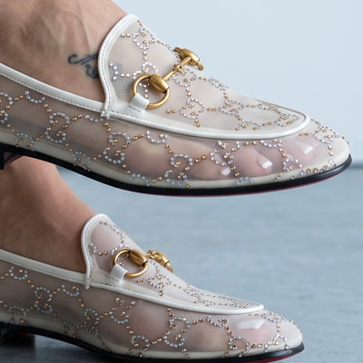 Ivory Gucci horsebit loafers with crystal GG mesh and white leather trim