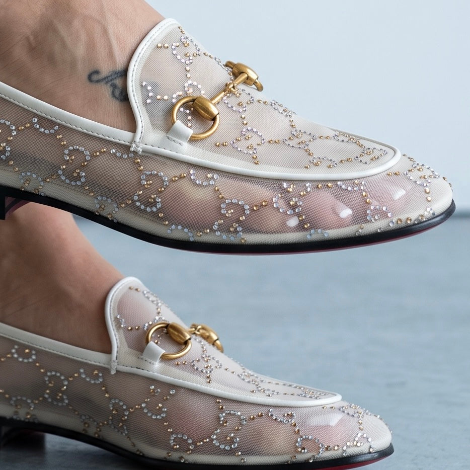 Ivory Gucci horsebit loafers with crystal GG mesh and white leather trim