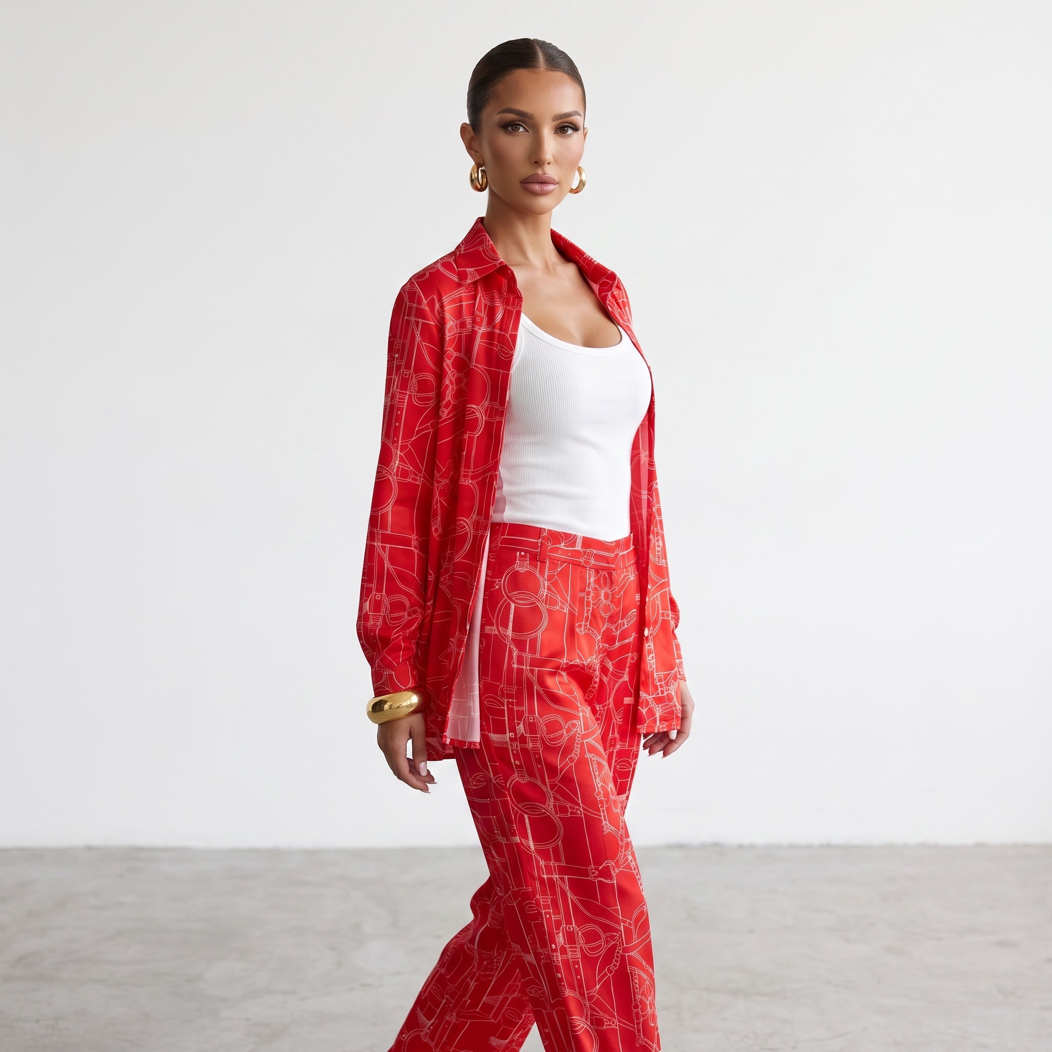 Red long-sleeve button-up shirt with white equestrian line print