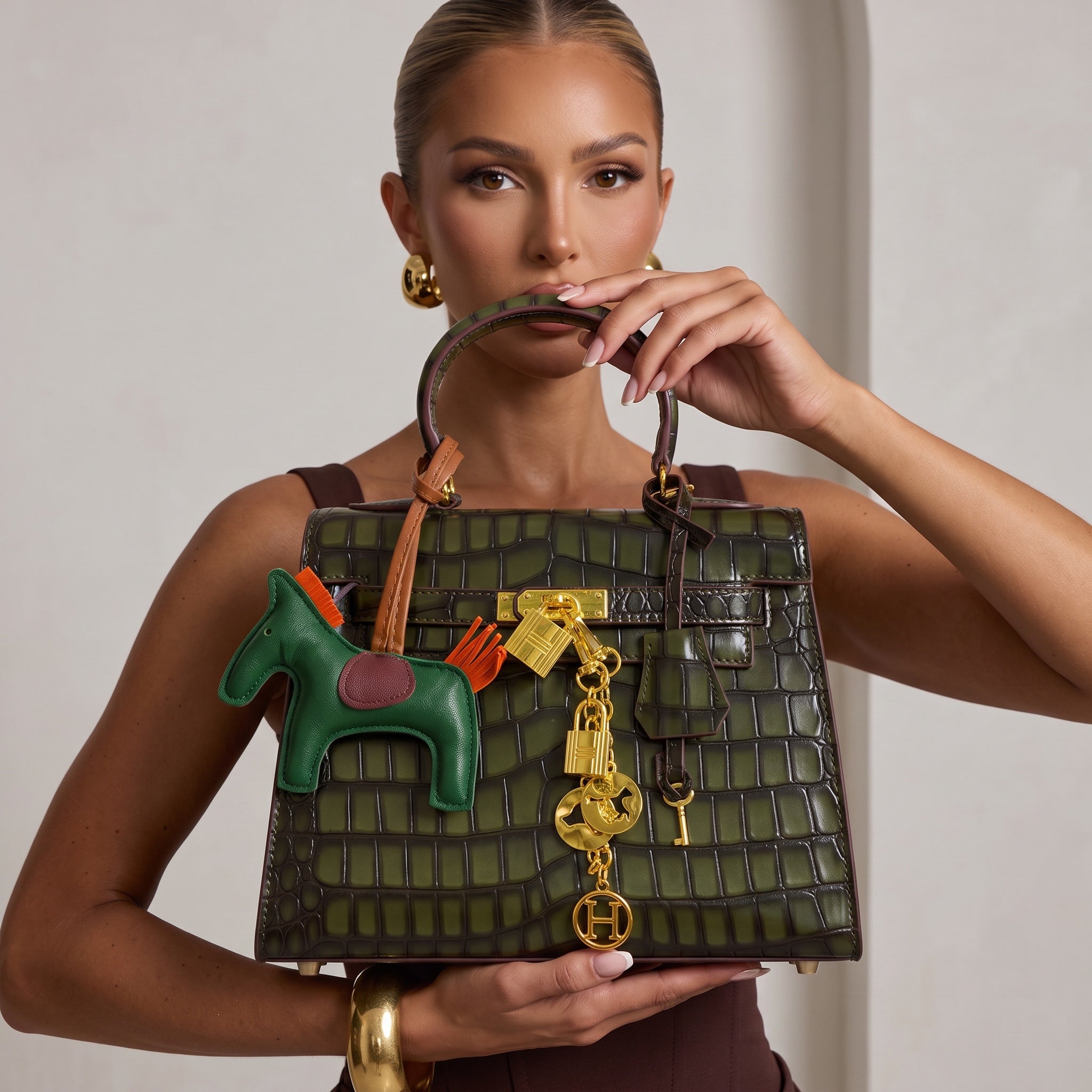 Green croc-effect Hermès Kelly style top-handle bag with gold hardware and green leather charm