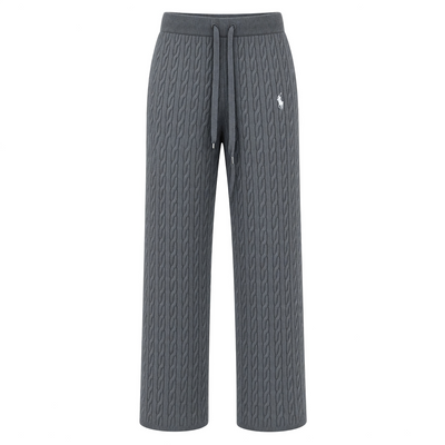 Charcoal cable knit sweater and matching drawstring pants set with Polo pony logo