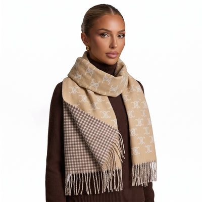 Beige Celine logo scarf with houndstooth panel and fringed ends wrapped around model