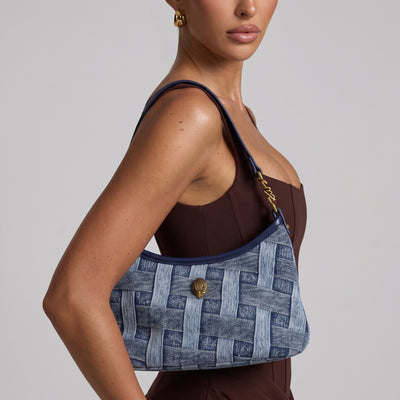 Kurt Geiger denim weave shoulder bag with navy trim and gold hardware