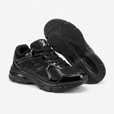 pair of all-black Louis Vuitton chunky sneakers with LV logo on tongue and sole