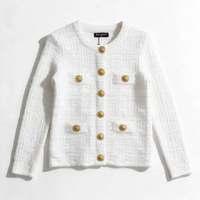 White Balmain tweed jacket with gold buttons and patch pockets