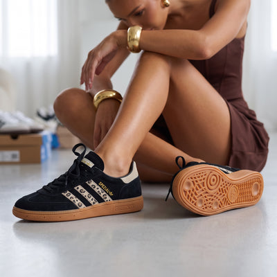 adidas Spezial black sneakers with leopard three-stripes and gum sole