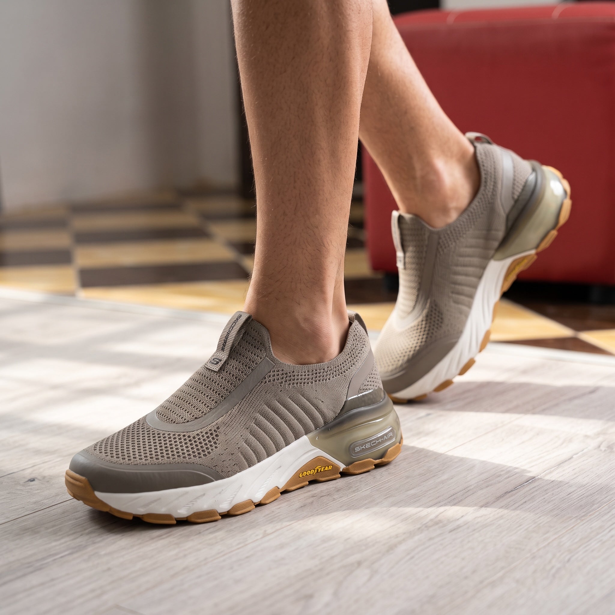 Skechers taupe knit slip-on sneaker with chunky white midsole and gum Goodyear outsole