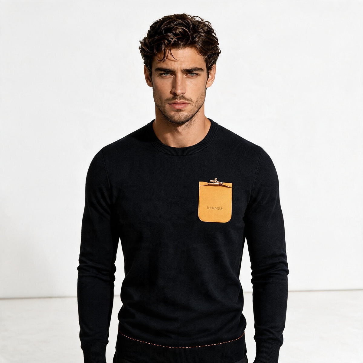 Black Hermès crewneck sweater with orange chest pocket and gold clasp