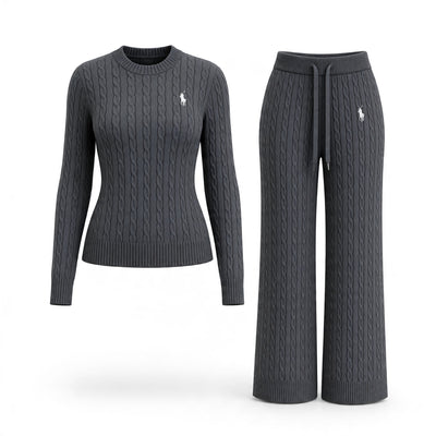 Charcoal cable knit sweater and matching drawstring pants set with Polo pony logo