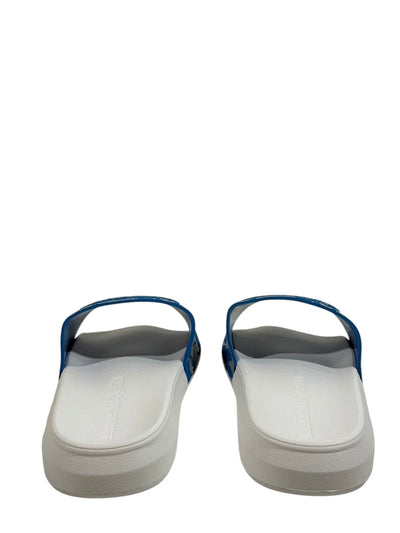 Alexander McQueen Urban Graphic Slide Sandals – Blue & White Luxury Streetwear 💙✨