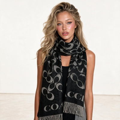Black Coach scarf with large grey logo motif and fringe
