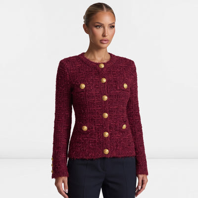 Balmain burgundy bouclé cardigan with gold buttons