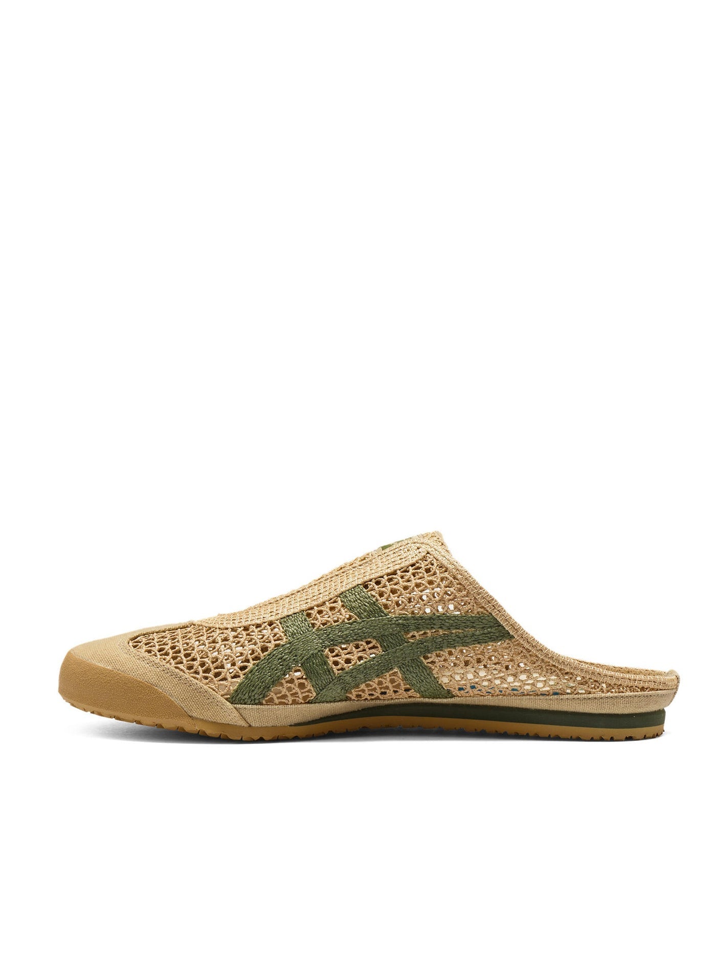 Onitsuka Tiger tan open-weave slip-on mule with green stripes
