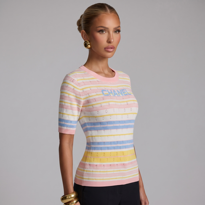 🌸 Chanel Pastel Stripe Ribbed Knit Top