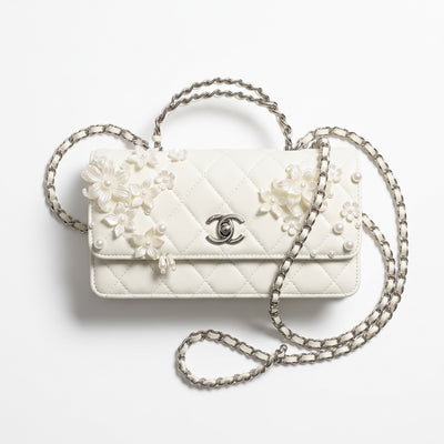 Chanel cream quilted flap bag with pearl and floral appliqués and chain strap