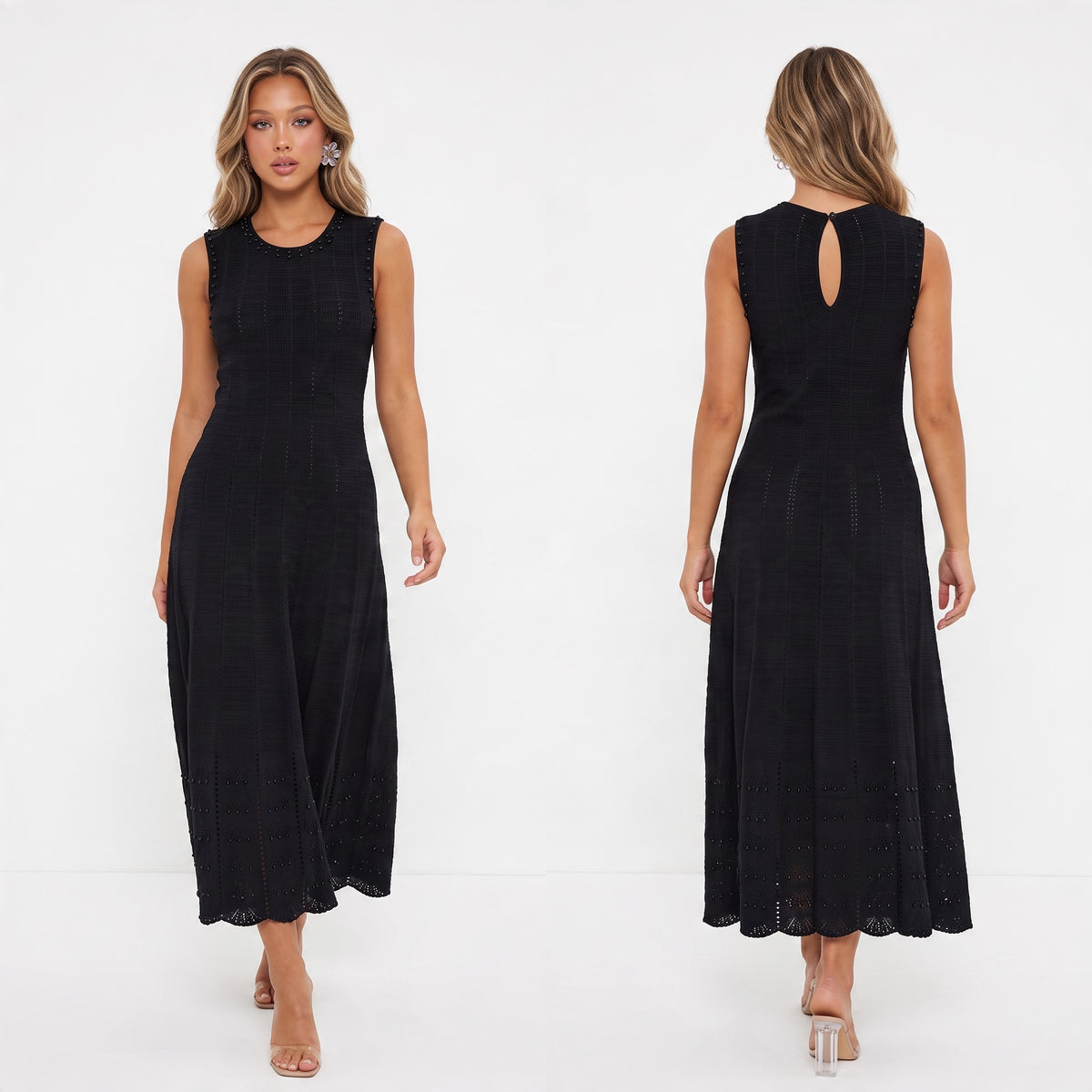 Black sleeveless knit midi dress with stud trim and keyhole back