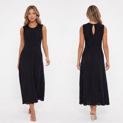 Black sleeveless knit midi dress with stud trim and keyhole back