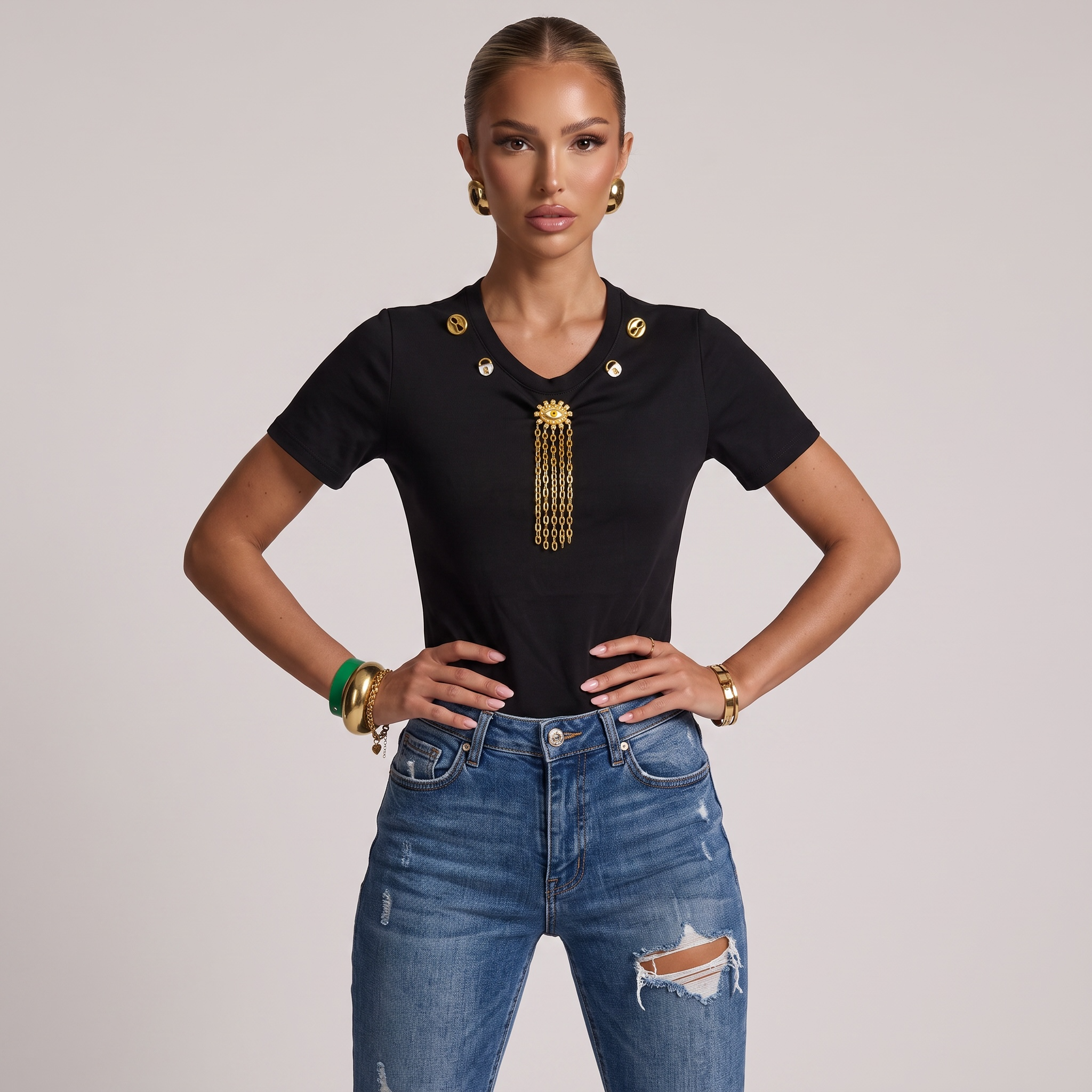 Schiaparelli Embellished Chain Detail T-Shirt – Black one size