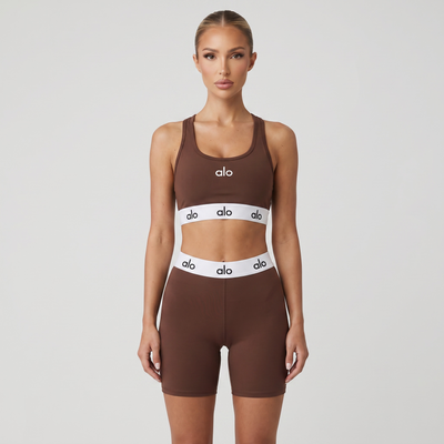 Alo Yoga Logo Sports Bra & Biker Shorts Set – Chocolate Brown ✨