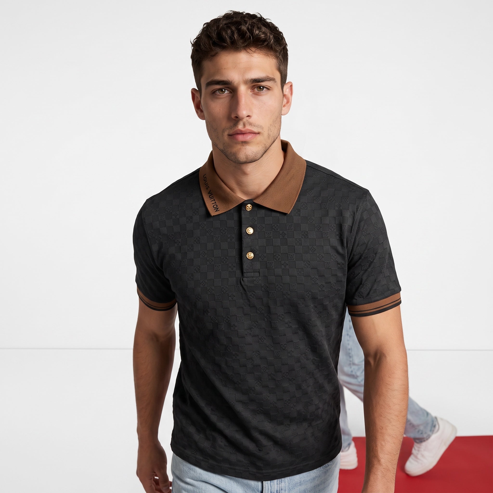 Black jacquard Louis Vuitton polo with brown collar and gold buttons