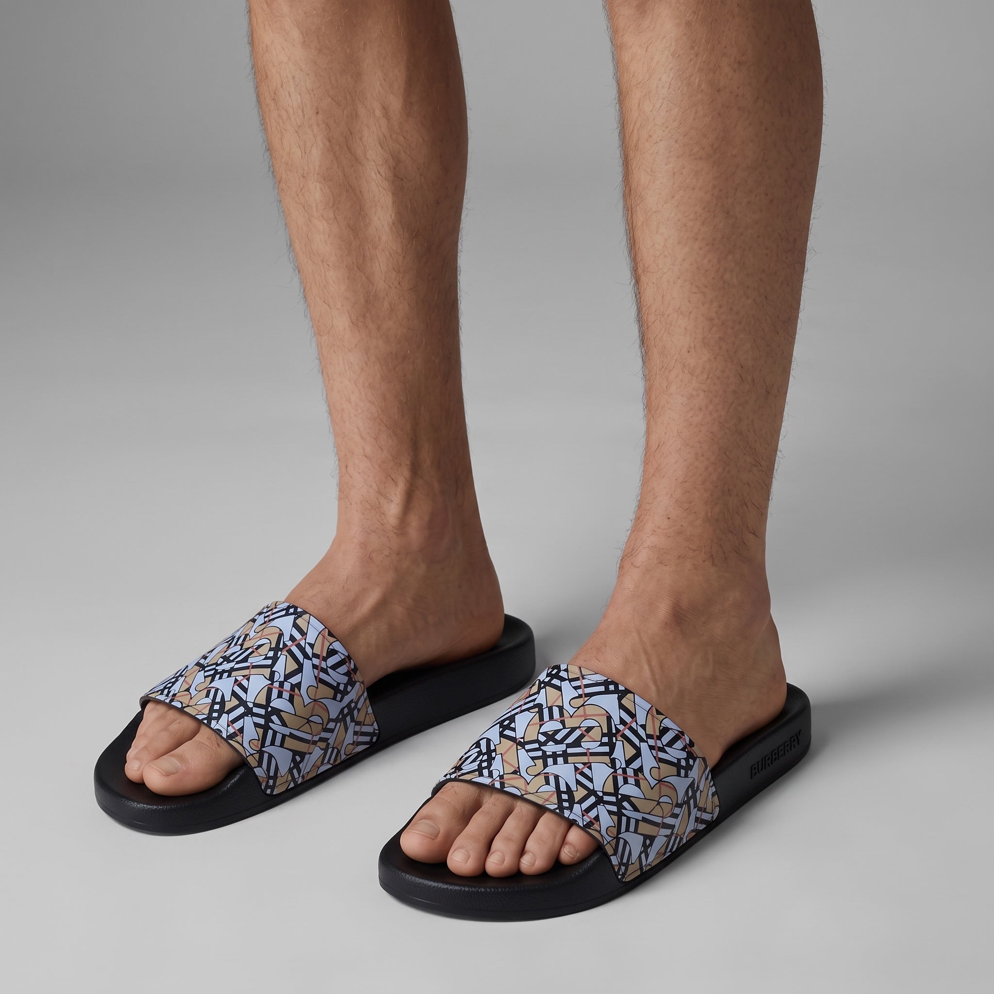 Men's Burberry black slides with multicolour printed strap