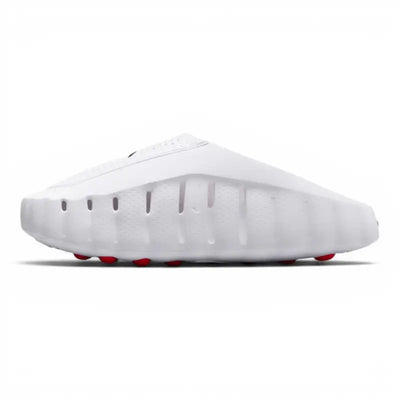 White Nike slip-on clog with perforated upper and red circular outsole pods
