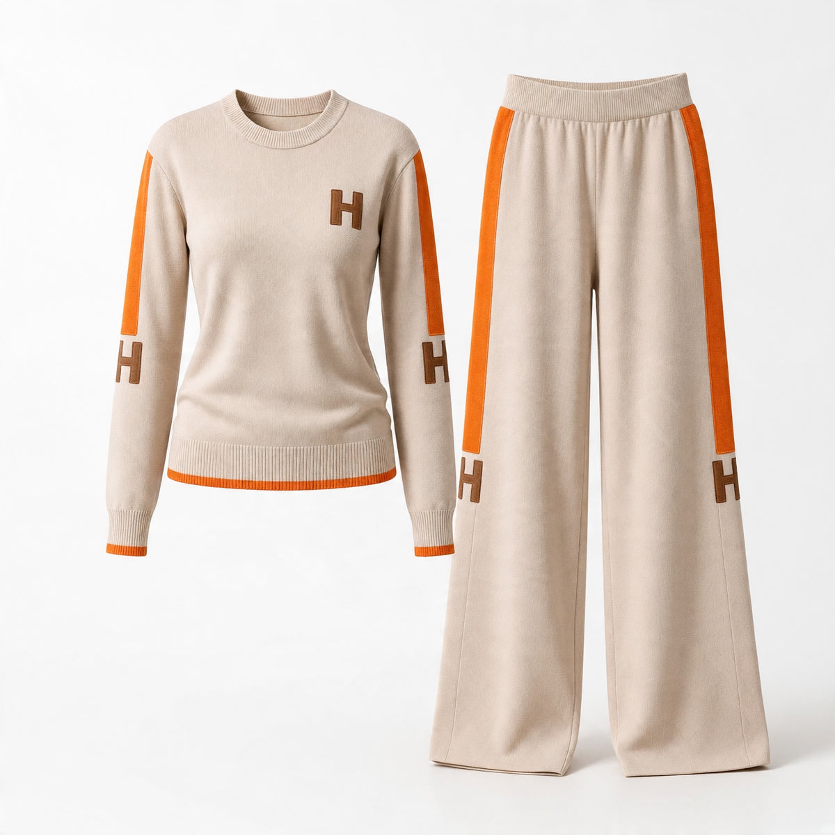 Beige knit two-piece tracksuit with orange side stripes and H logo patches