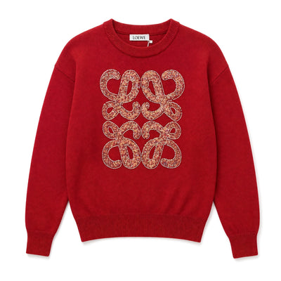 Red Loewe crewneck sweater with stacked sequin Anagram on front