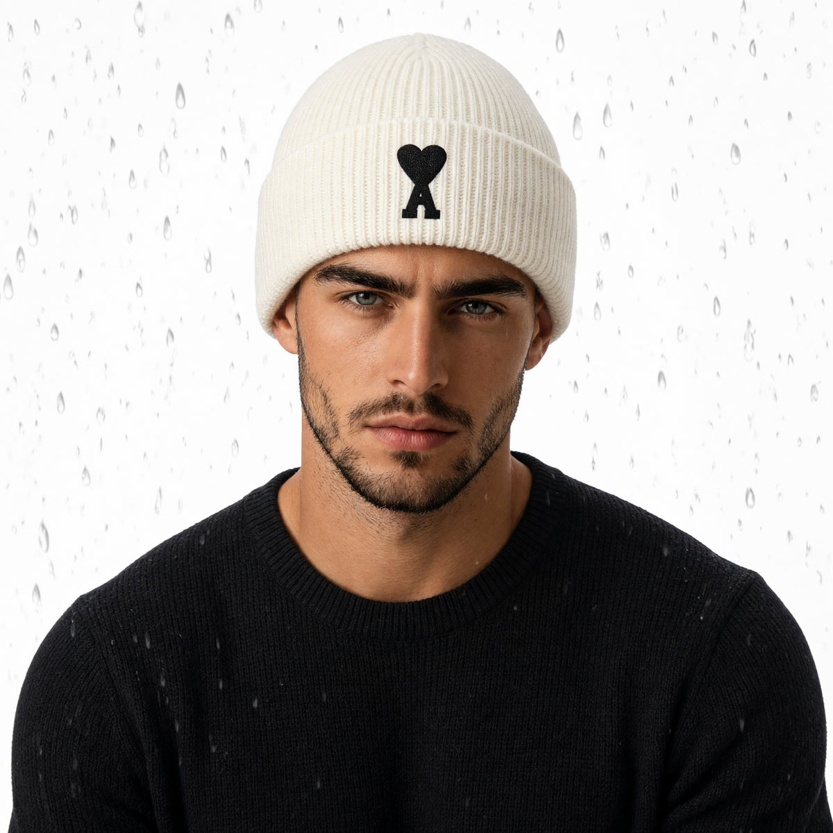 Ivory ribbed AMI beanie with black Ami de Coeur logo on front