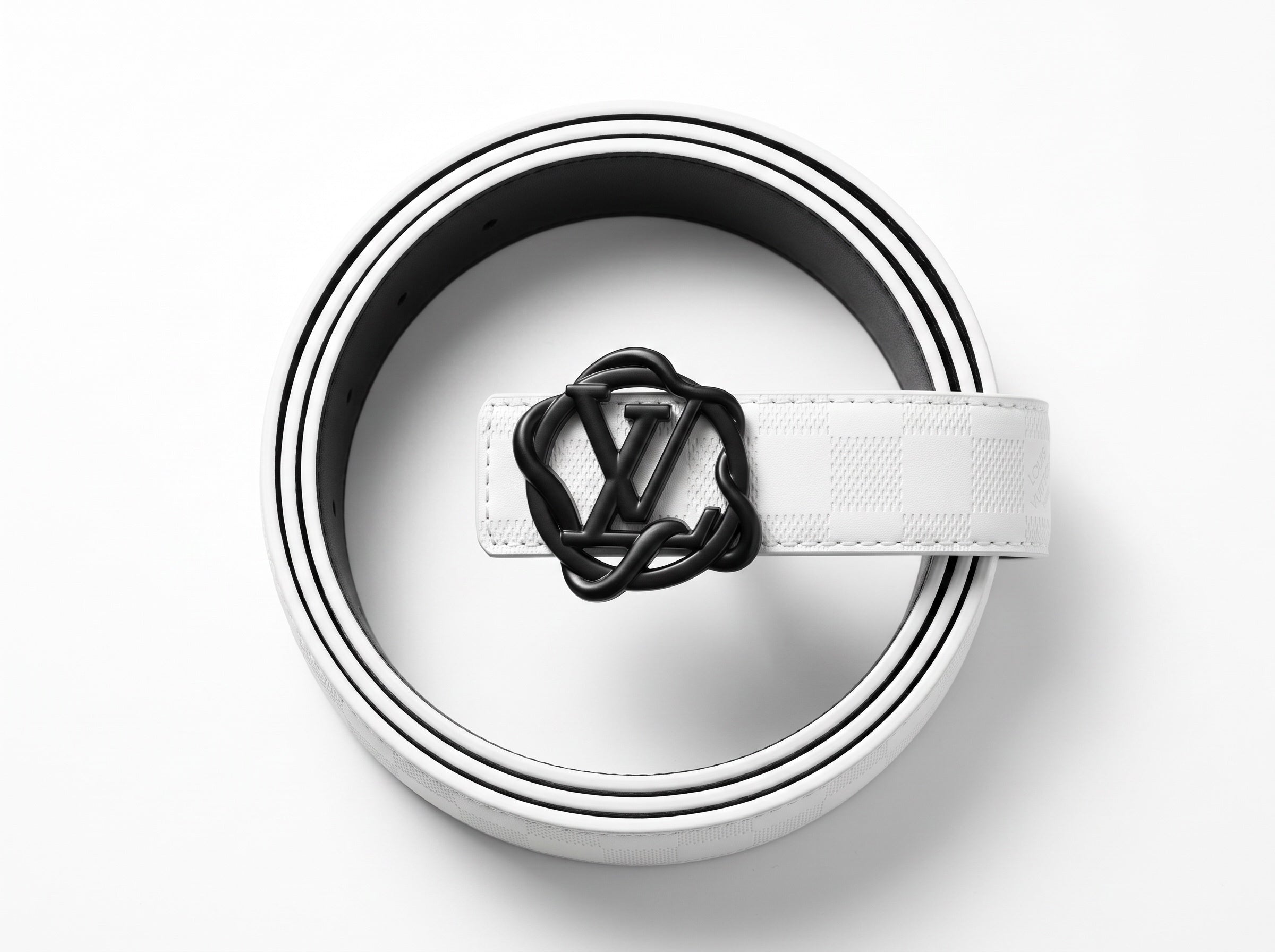White Louis Vuitton Damier belt with black LV buckle
