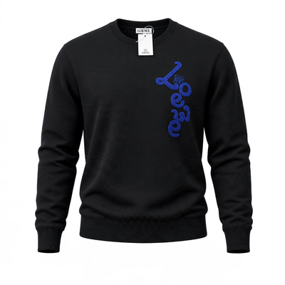 Black Loewe crewneck sweatshirt with blue vertical logo on right side