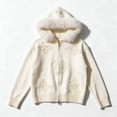 Ivory Louis Vuitton hooded zip jacket with fur-trim hood and appliqué motifs