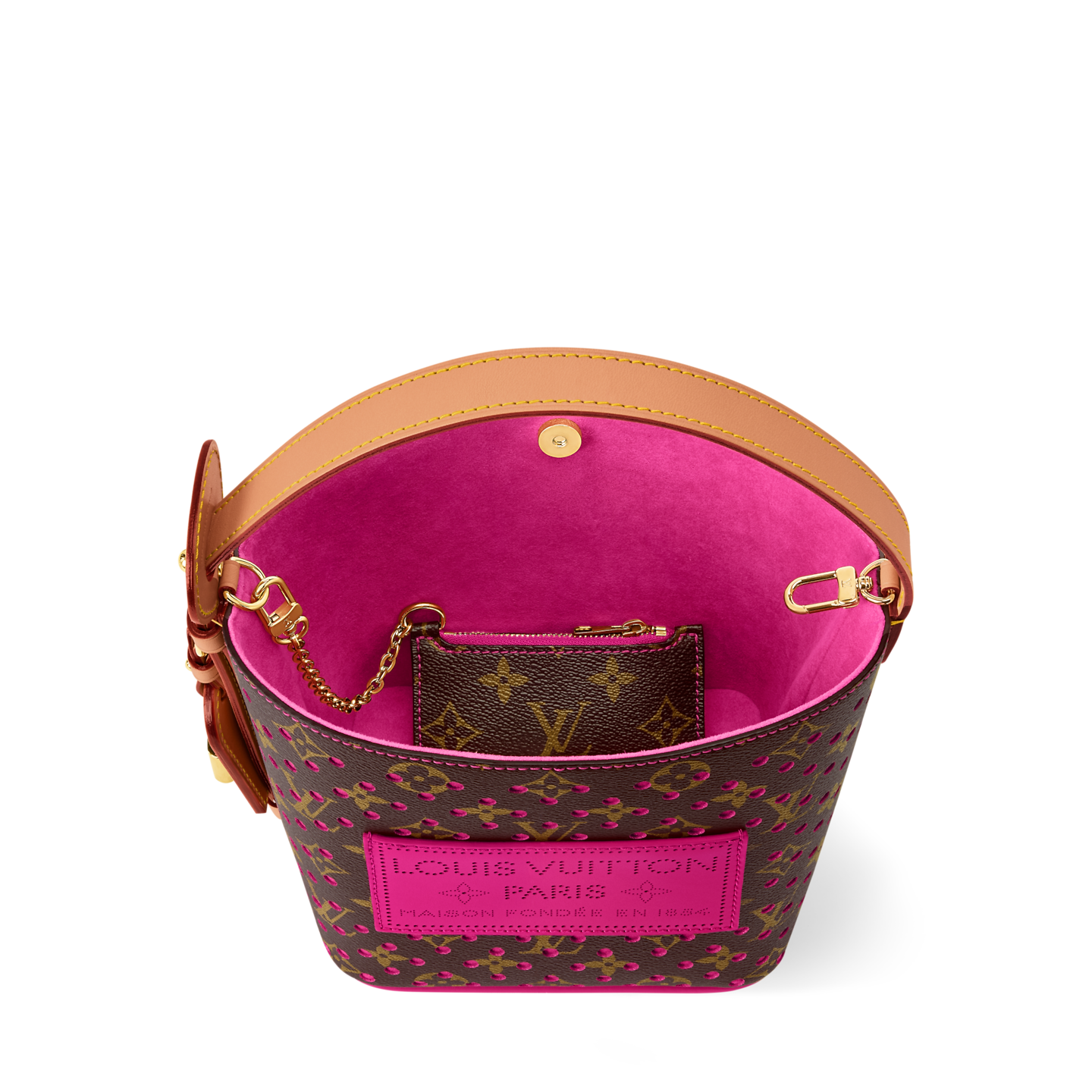 Louis Vuitton brown monogram bucket bag with pink perforations and natural leather handle