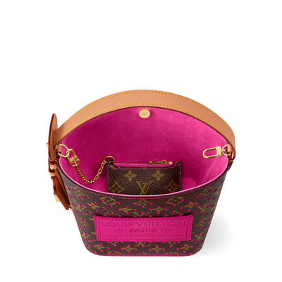 Louis Vuitton brown monogram bucket bag with pink perforations and natural leather handle